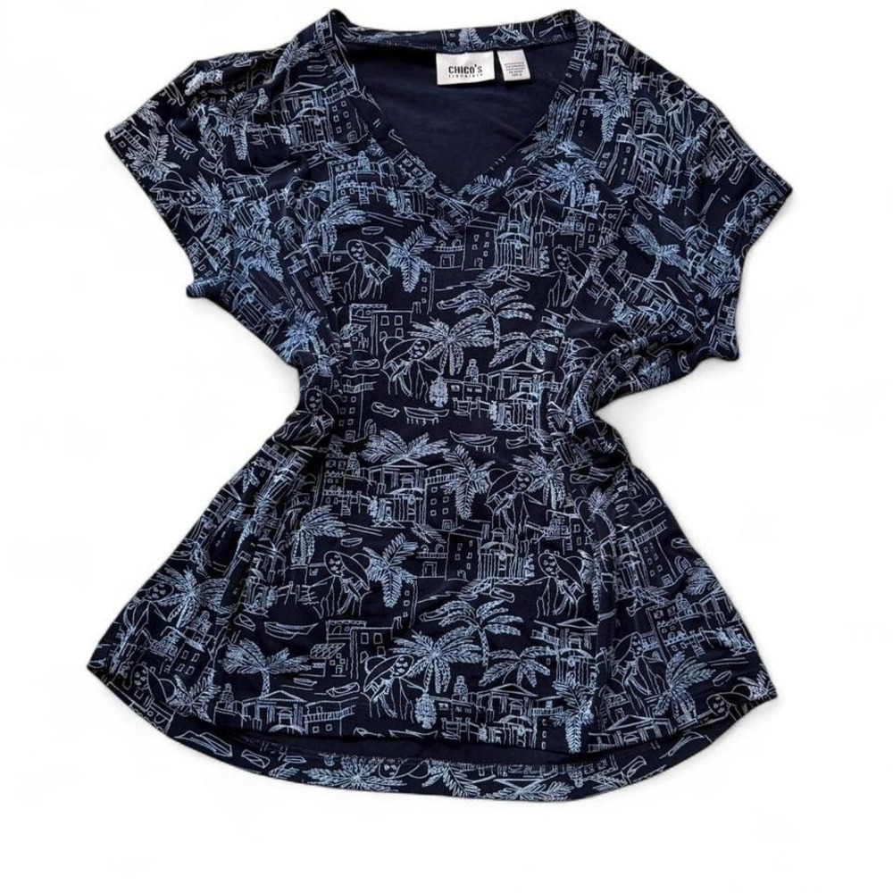 Vintage Chico's Travelers Navy Slinky Tropical Shirt‎